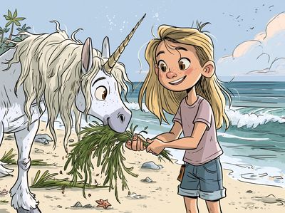 Girl and Unicorn Beach Illustration Poster. poster print
