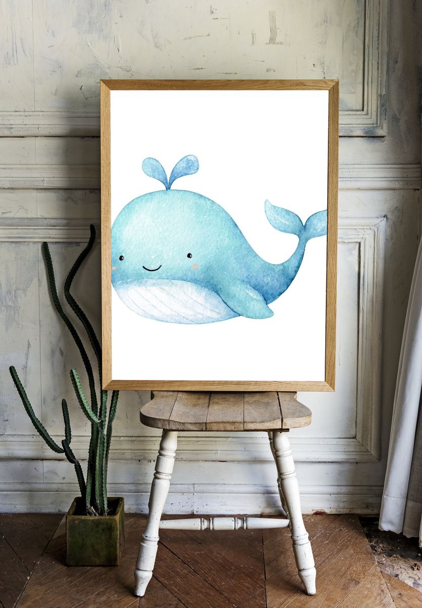Cute Blue Whale Watercolor Print. — room view 1
