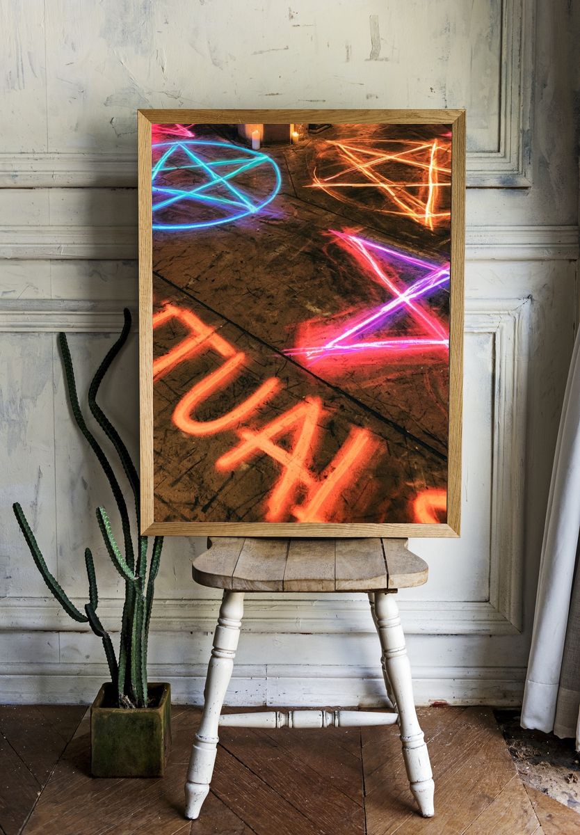 Neon Pentagrams Street Art Poster. — room view 1