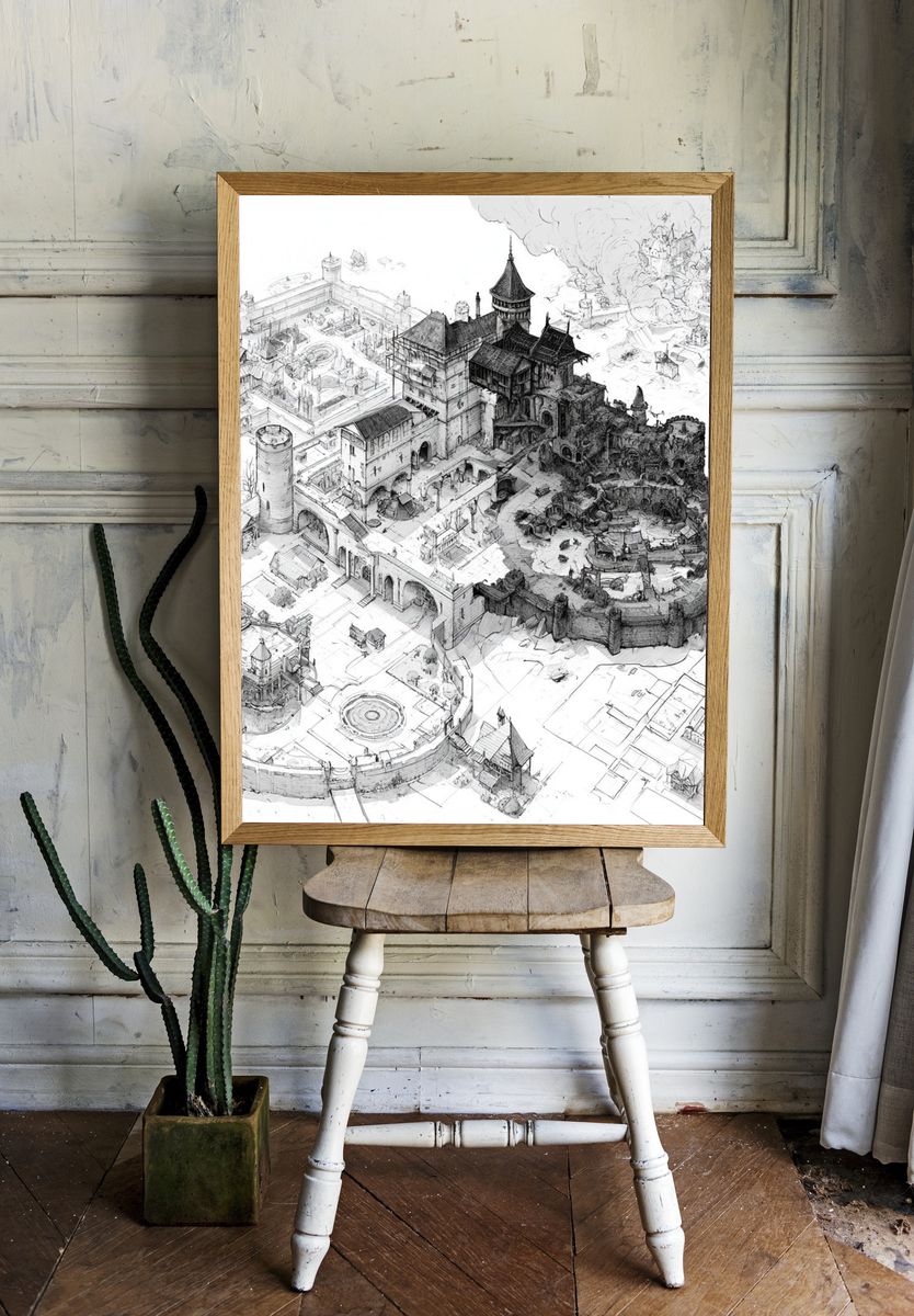 Fantasy Castle Cityscape Illustration Poster. room preview