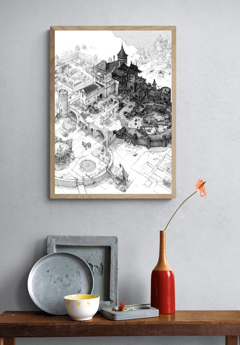 Fantasy Castle Cityscape Illustration Poster. — room view 3