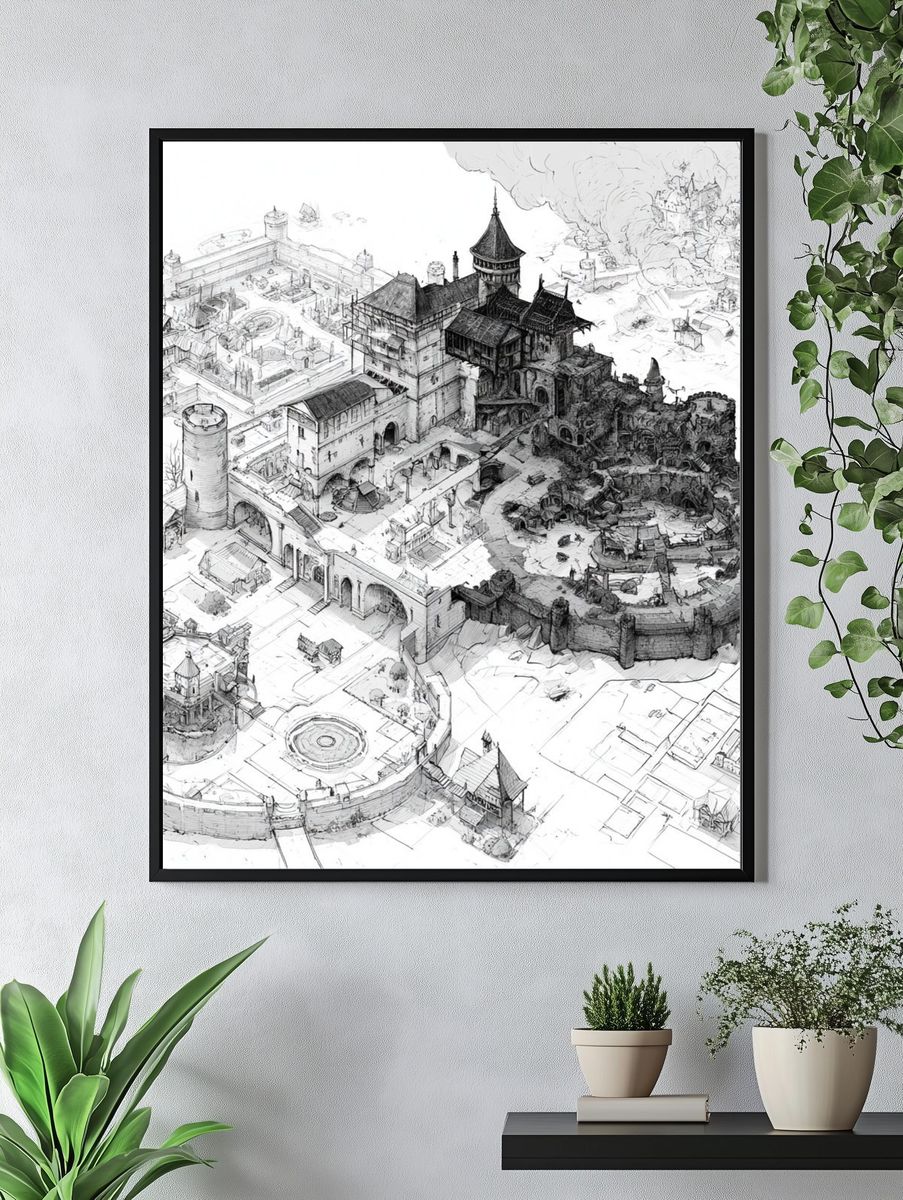 Fantasy Castle Cityscape Illustration Poster. — room view 4