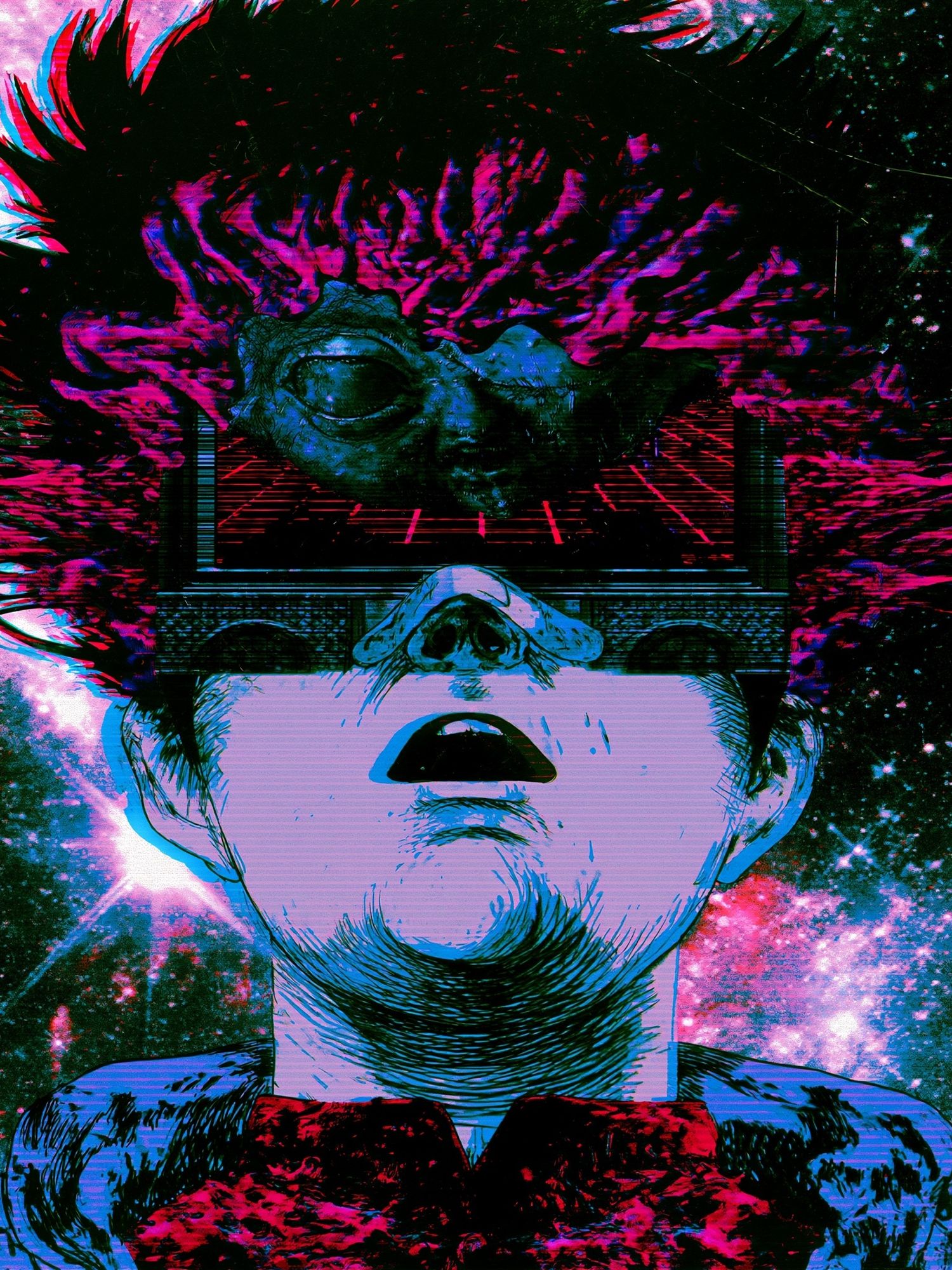 Surreal Neon Face Digital Art Poster. poster detail