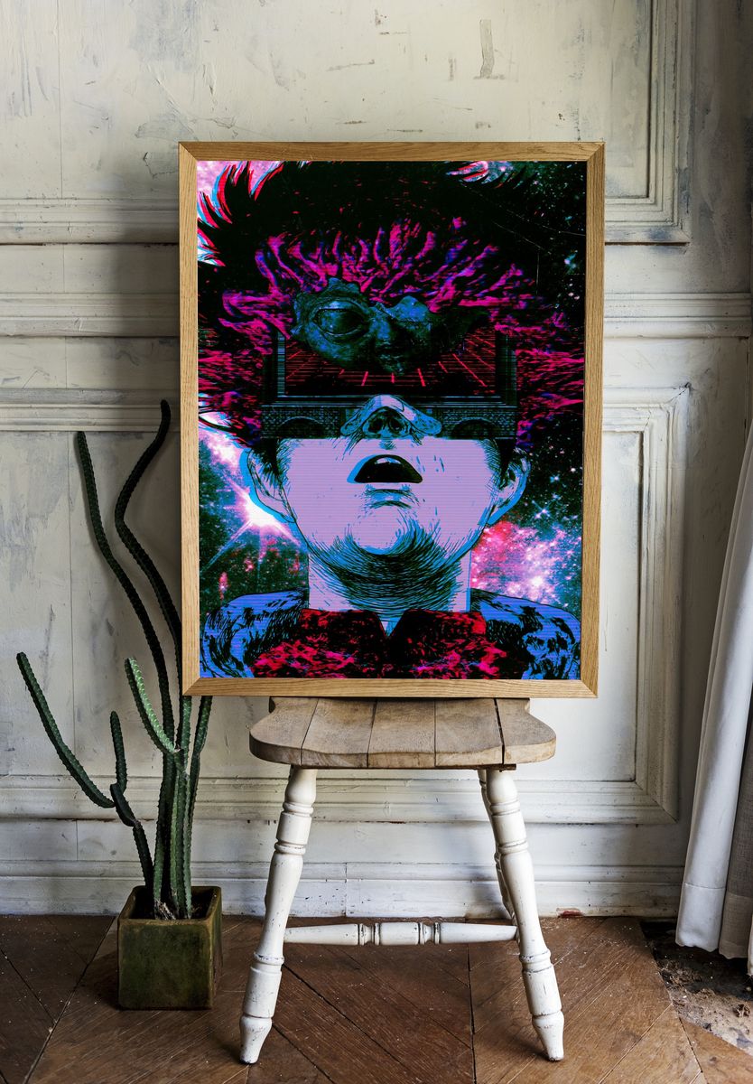 Surreal Neon Face Digital Art Poster. — room view 1