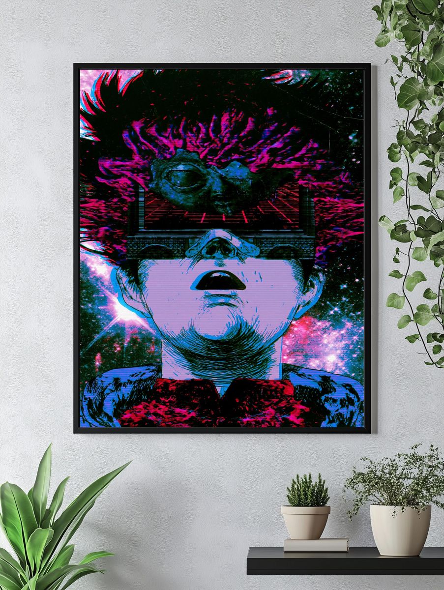 Surreal Neon Face Digital Art Poster. — room view 4