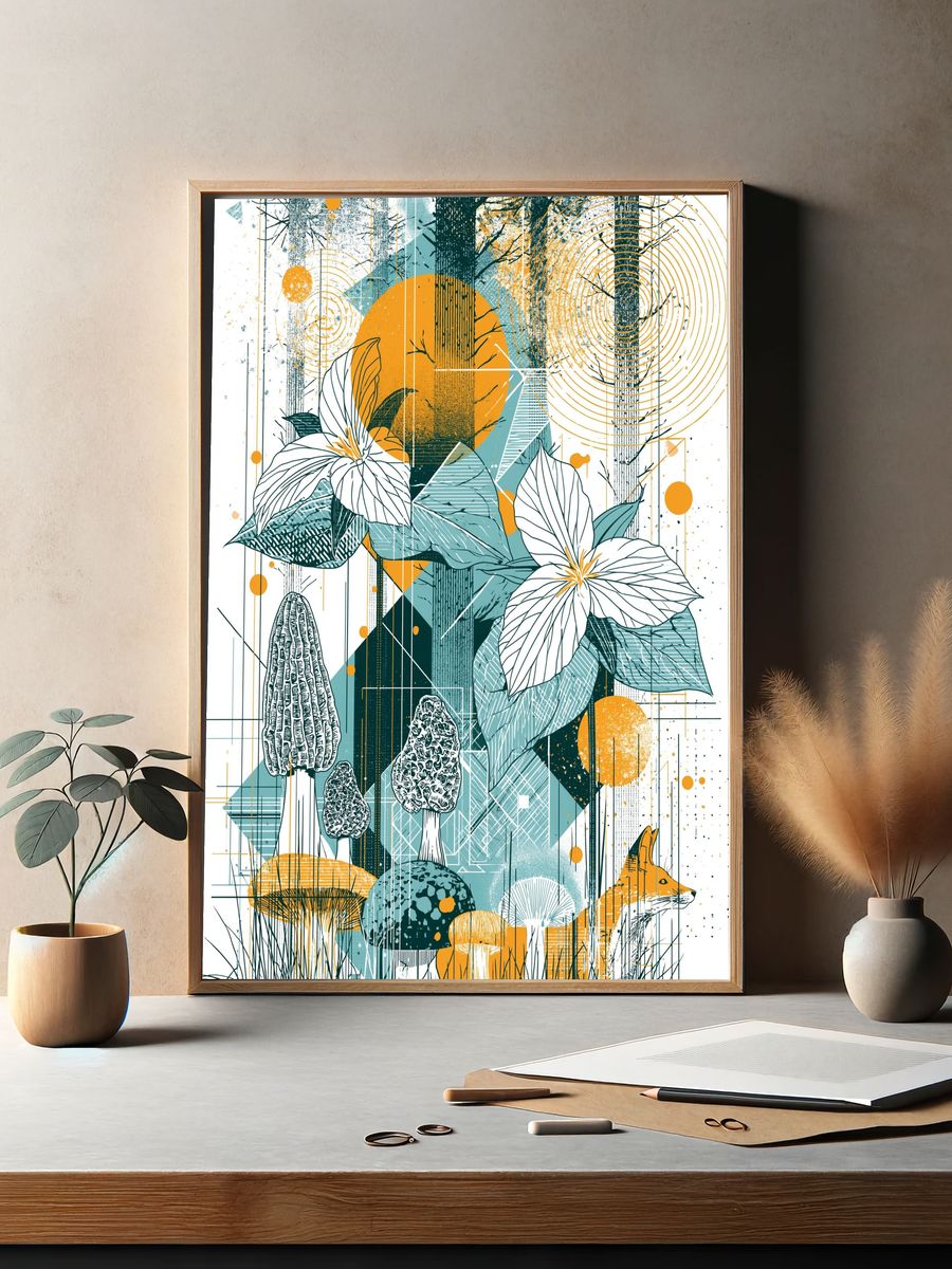Forest Mushrooms and Fox Illustration Poster. — room view 2