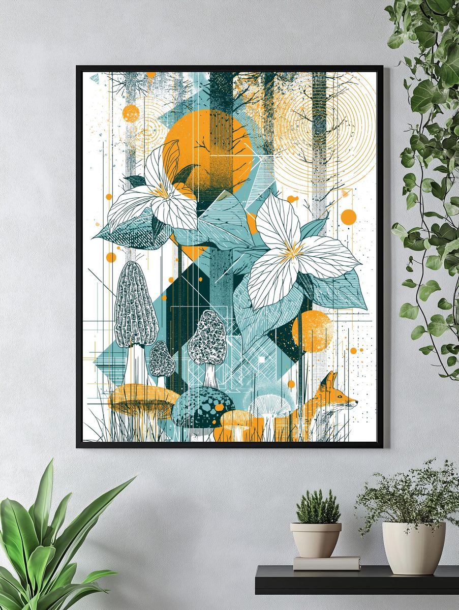 Forest Mushrooms and Fox Illustration Poster. — room view 4
