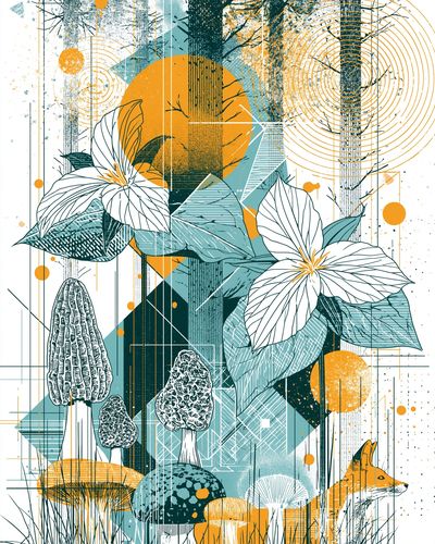 Forest Mushrooms and Fox Illustration Poster. poster