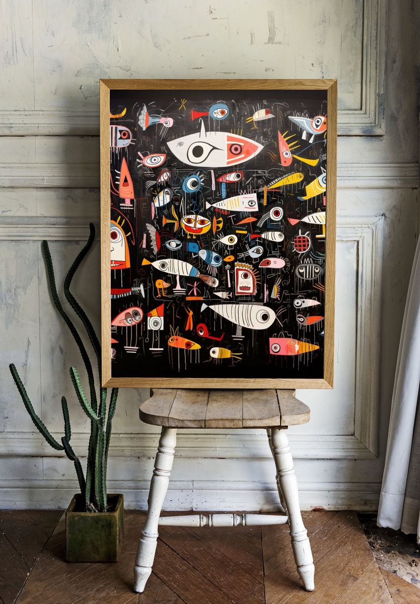 Whimsical Fish Parade Illustration Poster. room preview