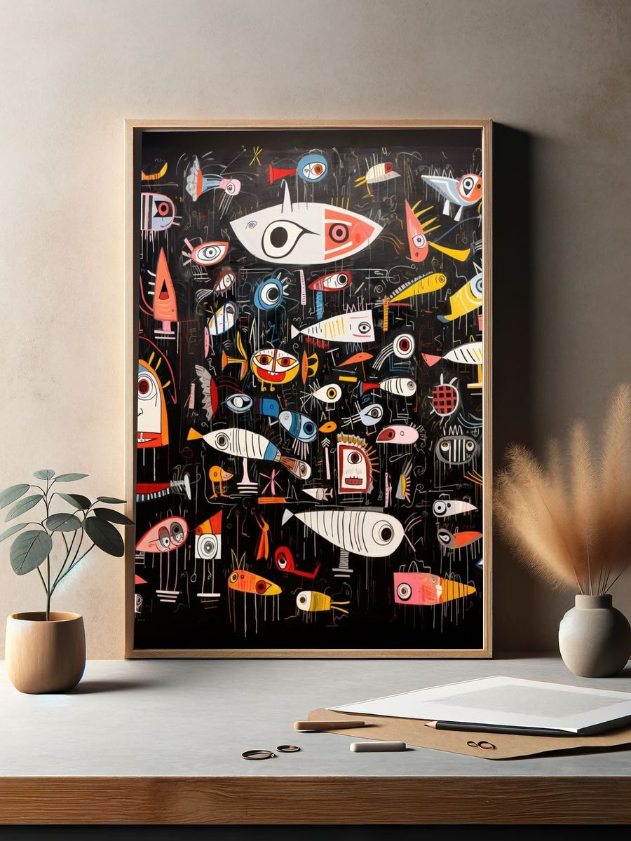 Whimsical Fish Parade Illustration Poster. — room view 2