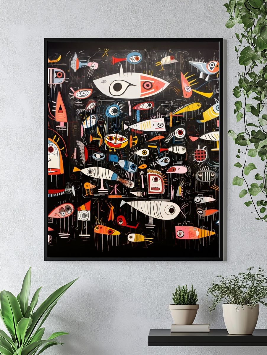 Whimsical Fish Parade Illustration Poster. — room view 4