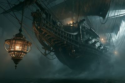 Ghost Ship in Fog Illustration Poster.