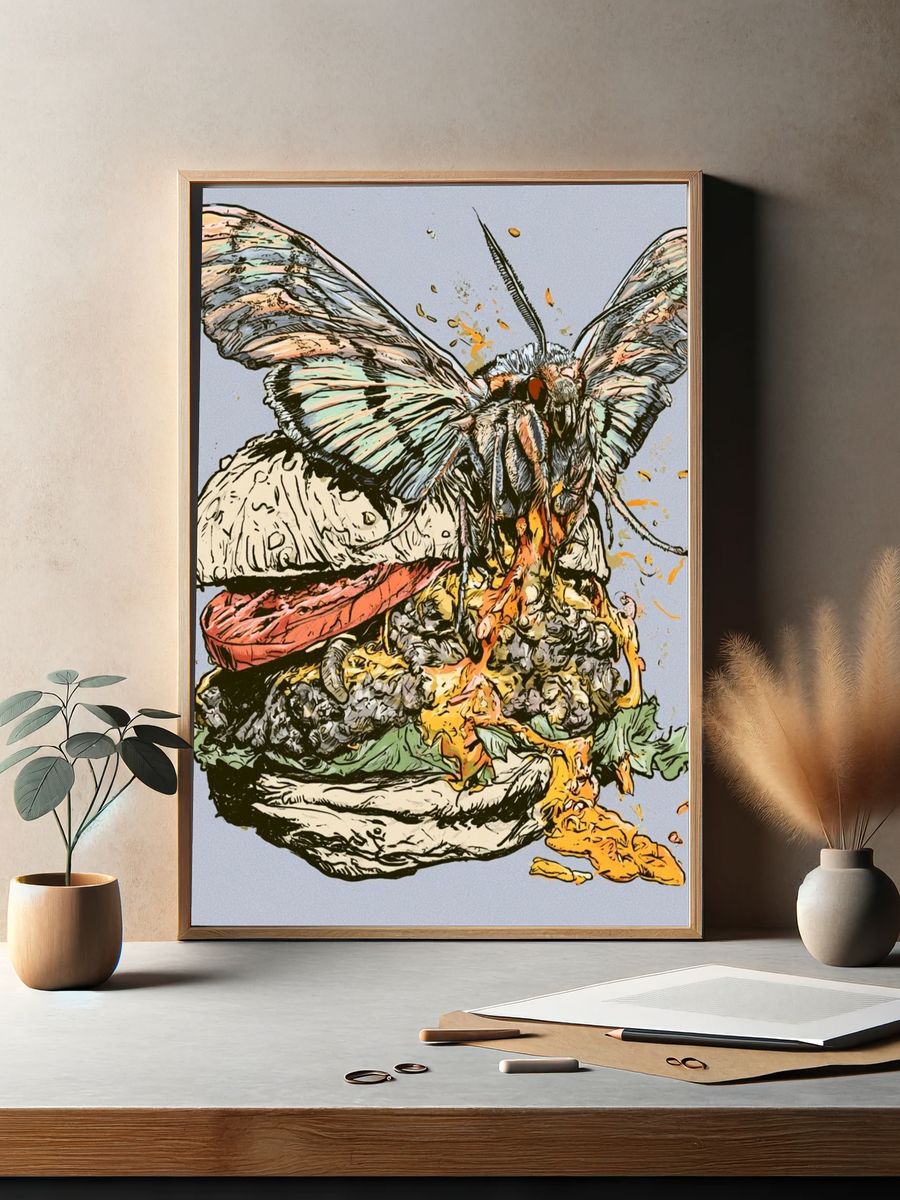 Moth Burger Illustration Poster. — room view 2