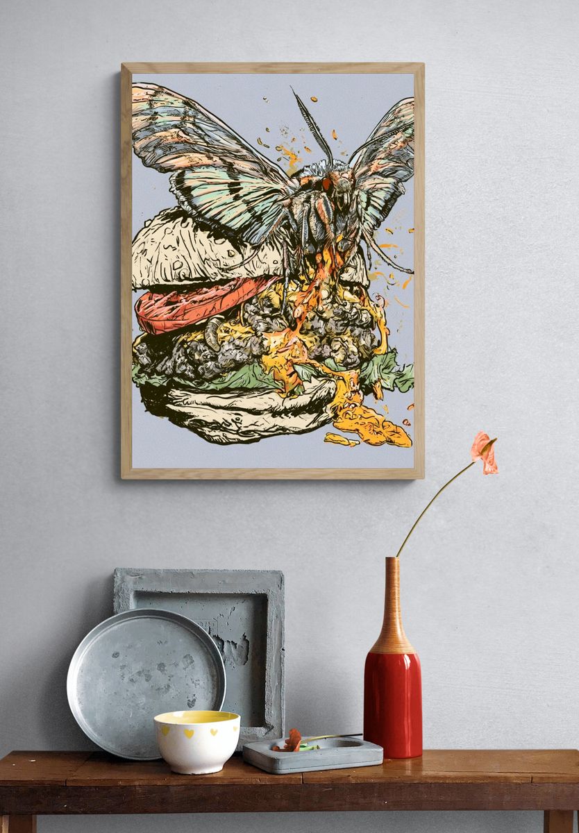 Moth Burger Illustration Poster. — room view 3