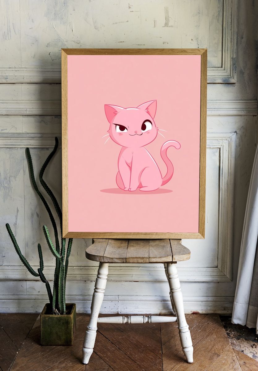Pink Cat Cartoon Print. room preview