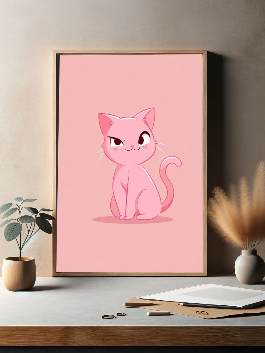 Pink Cat Cartoon Print. — room view 2