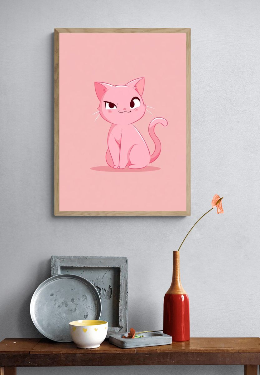 Pink Cat Cartoon Print. — room view 3