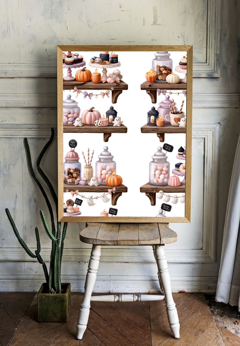 Pastel Halloween Dessert Shelf Illustration Poster. — room view 1