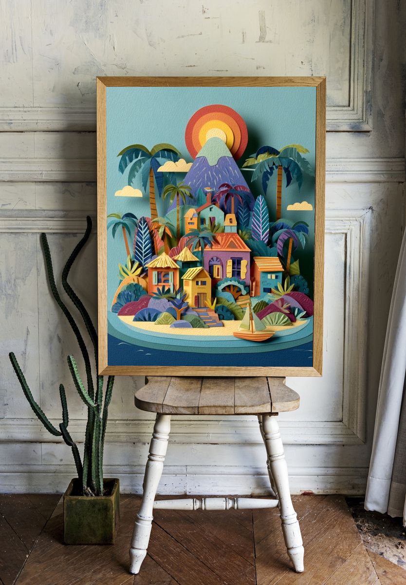 Tropical Island Paper Cut Poster. room preview