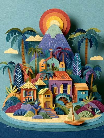 Tropical Island Paper Cut Poster.