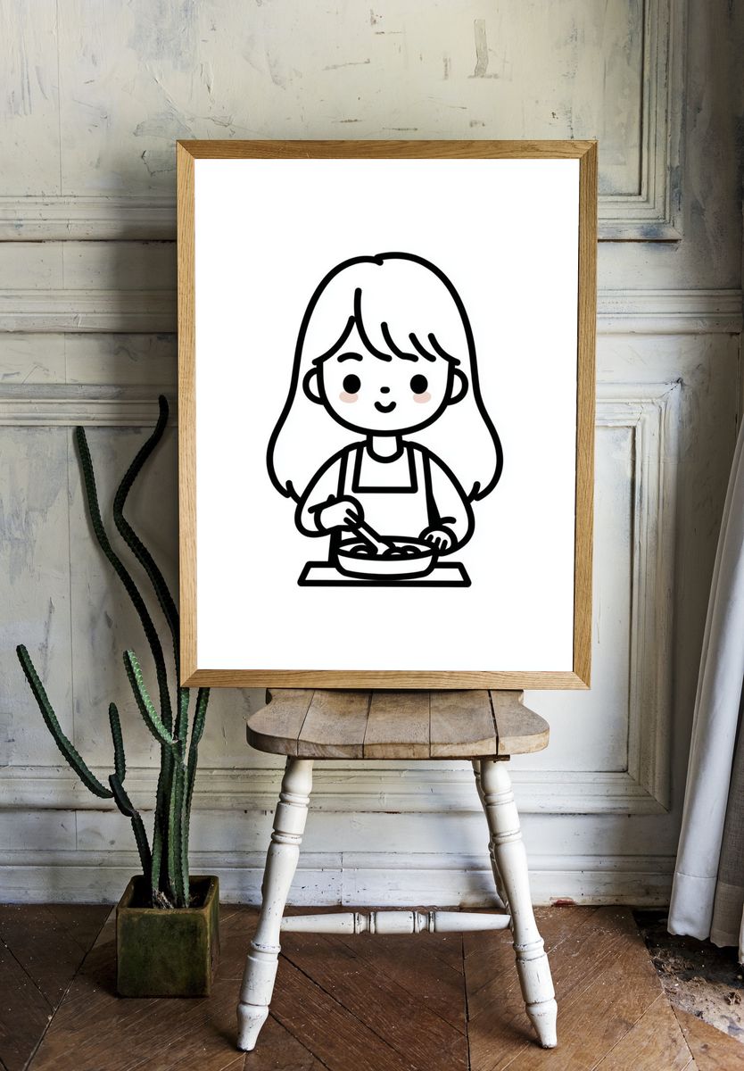 Girl Cooking Line Art Poster. room preview