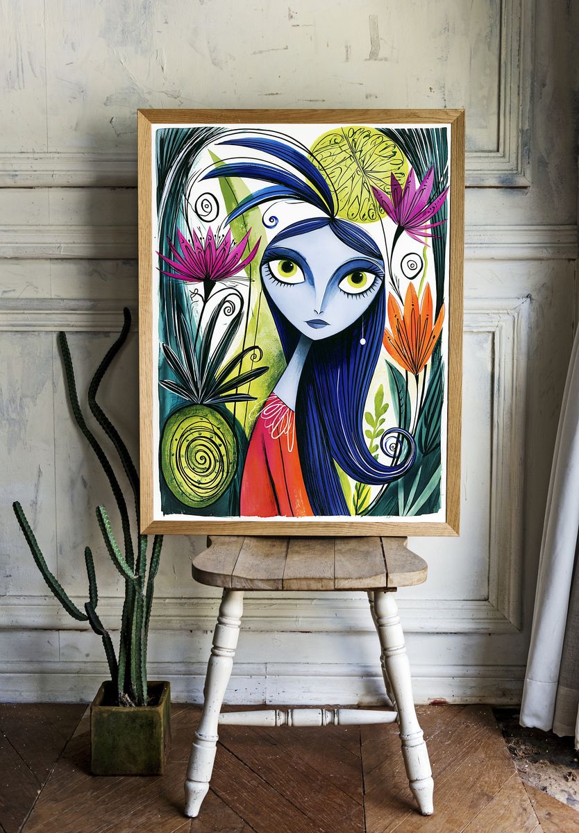 Blue Girl Floral Illustration Poster. room preview