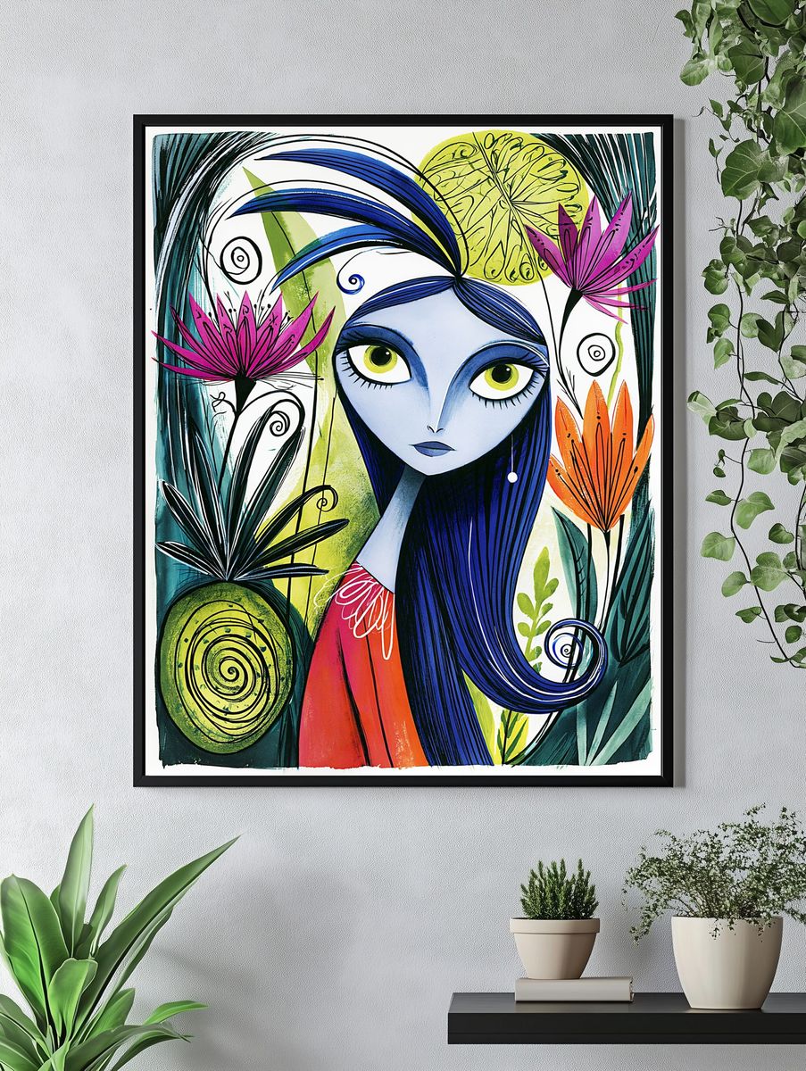 Blue Girl Floral Illustration Poster. — room view 4