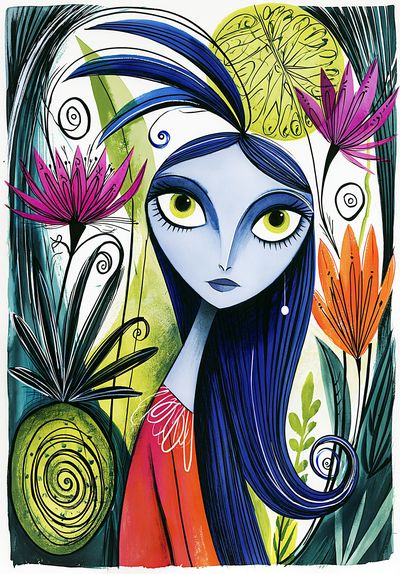 Blue Girl Floral Illustration Poster. poster