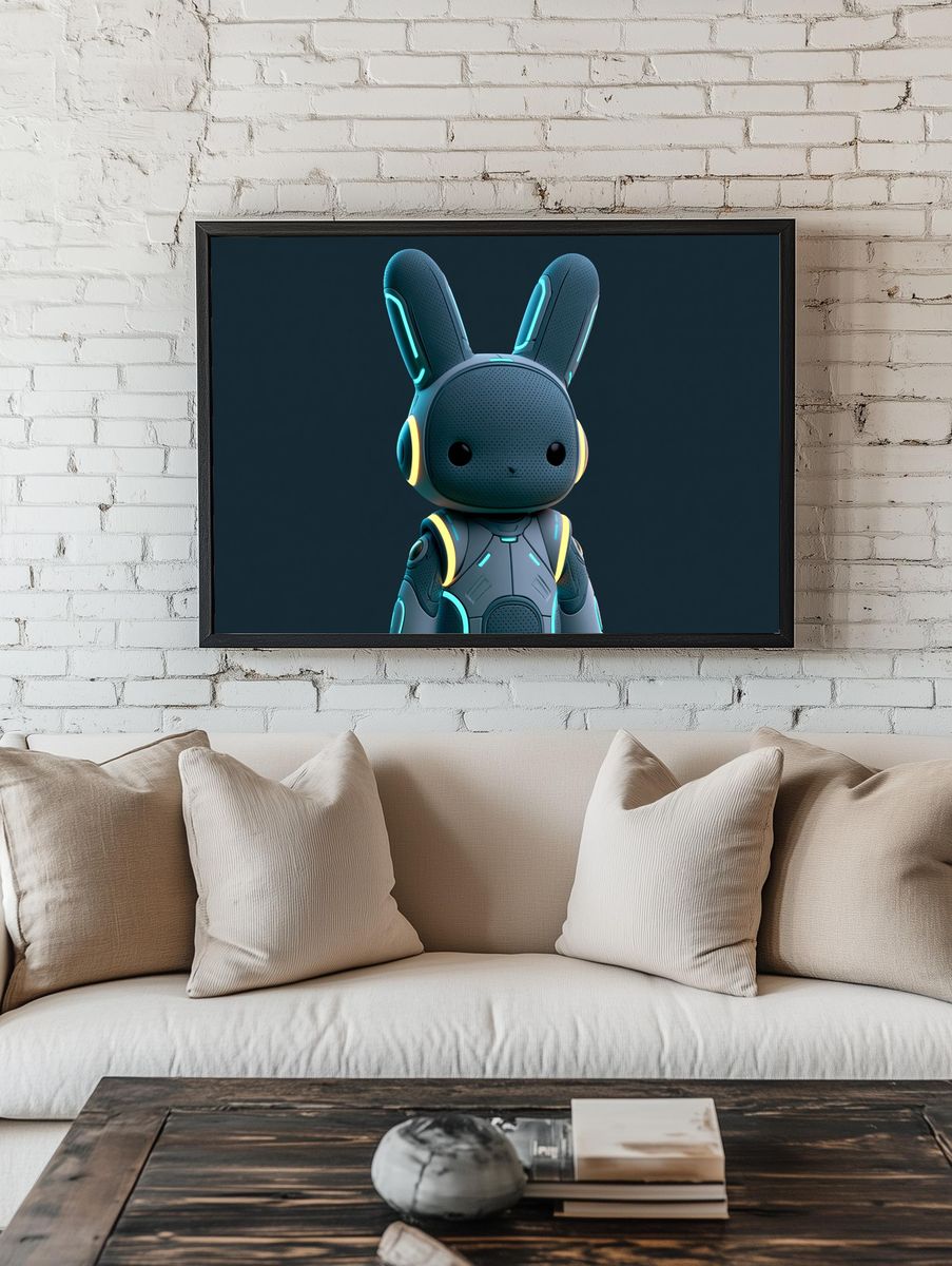 Neon Bunny Robot Illustration Poster. room preview