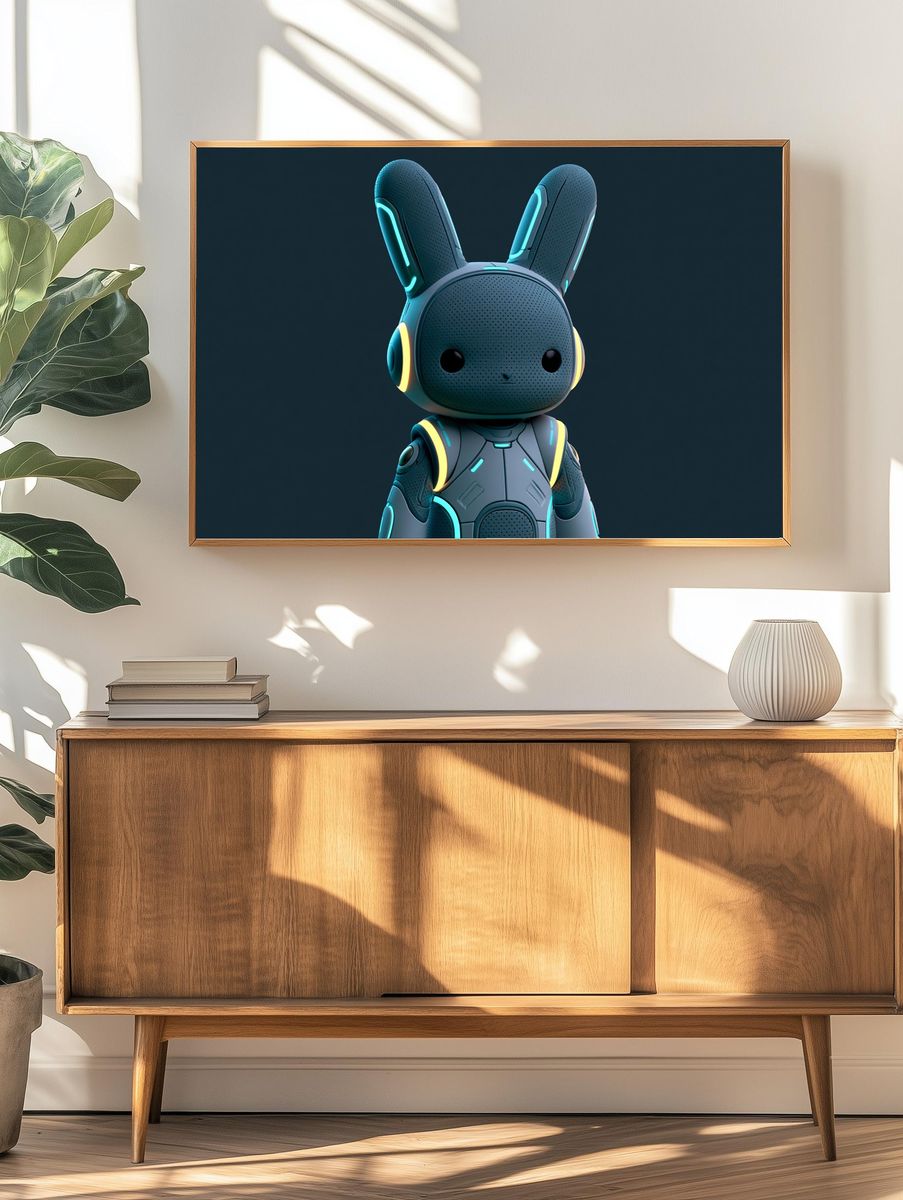 Neon Bunny Robot Illustration Poster. — room view 3