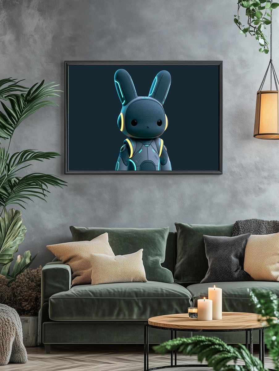 Neon Bunny Robot Illustration Poster. — room view 4