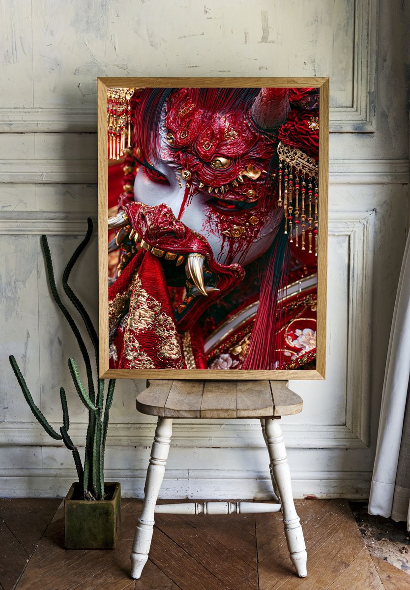 Red Oni Mask Portrait Print. room preview