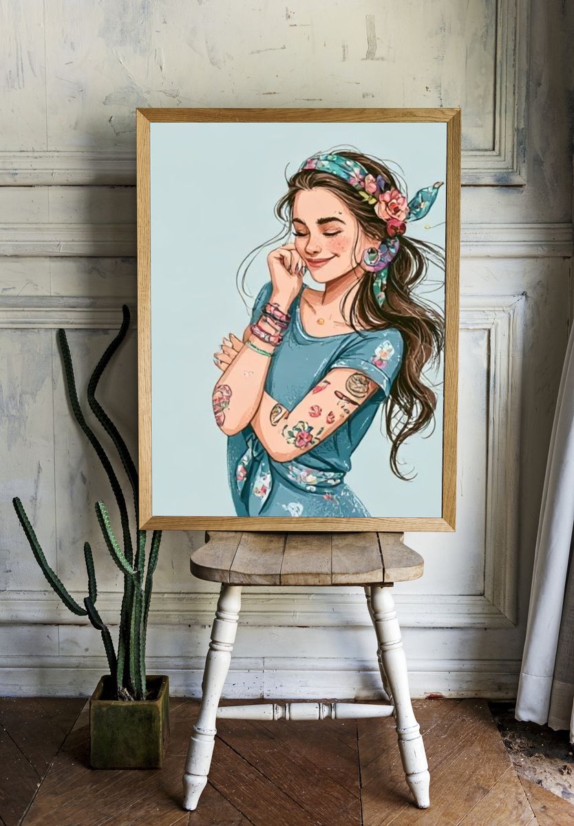 Floral Girl Portrait Illustration Poster. room preview