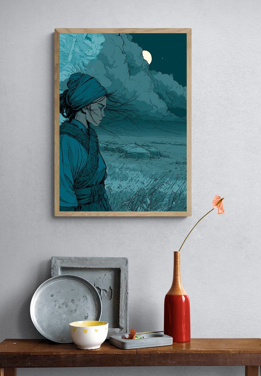 Moonlit Warrior Illustration Poster. — room view 3