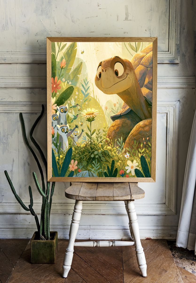 Friendly Turtle Jungle Illustration Poster. room preview