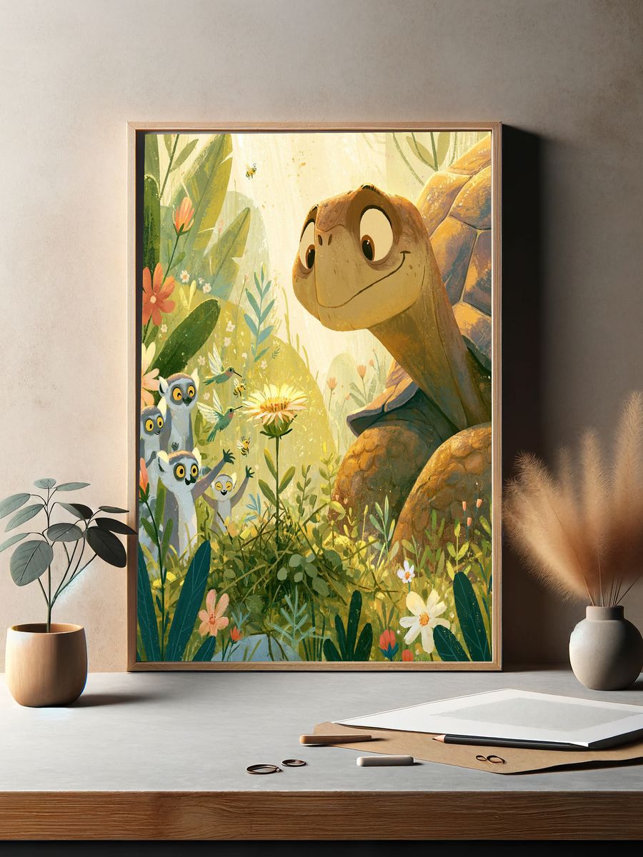 Friendly Turtle Jungle Illustration Poster. — room view 2