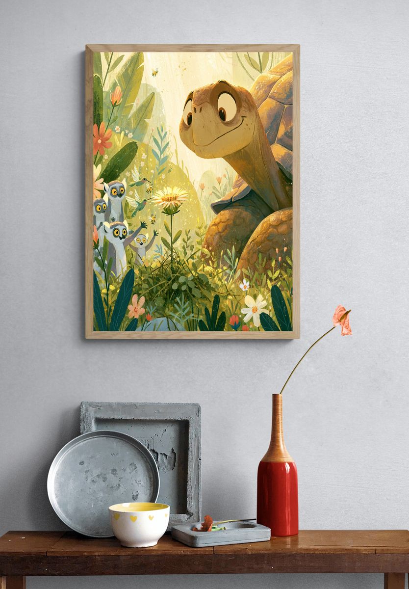 Friendly Turtle Jungle Illustration Poster. — room view 3