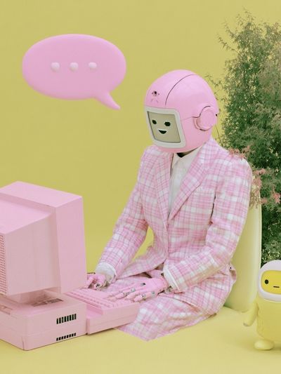 Pastel Robot Office Scene Poster. poster