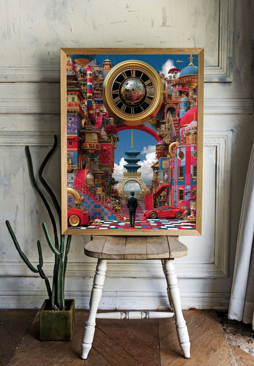 Surreal Tokyo Clockscape Print. — room view 1