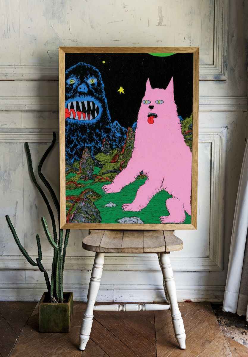 Surreal Monster Cats Illustration Poster. room preview