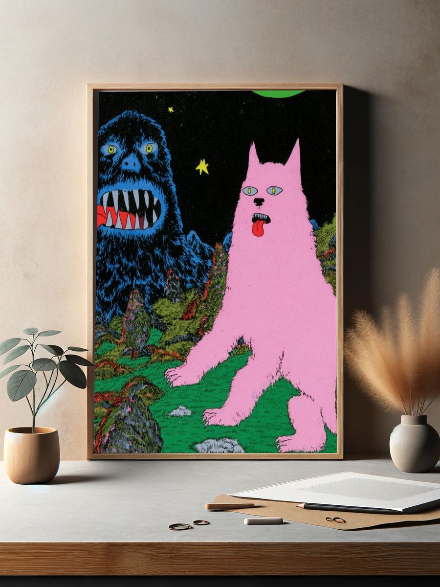 Surreal Monster Cats Illustration Poster. — room view 2