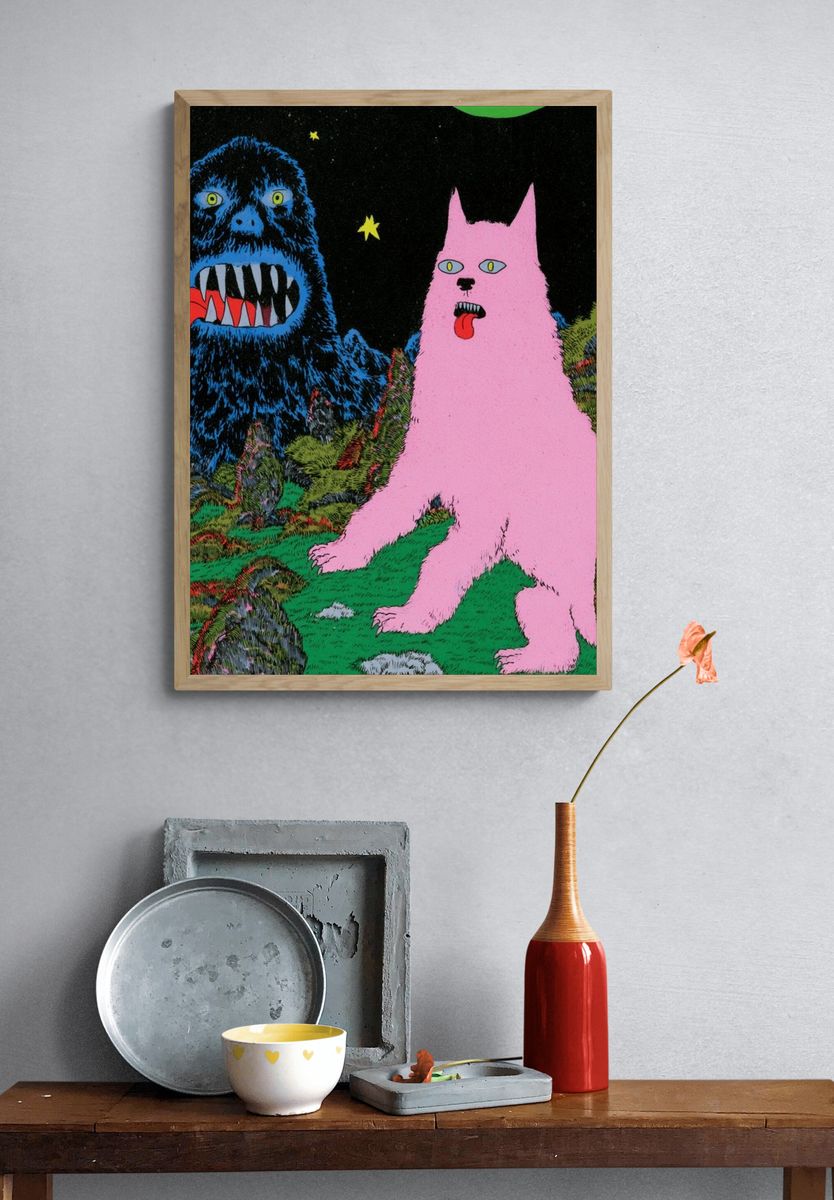 Surreal Monster Cats Illustration Poster. — room view 3