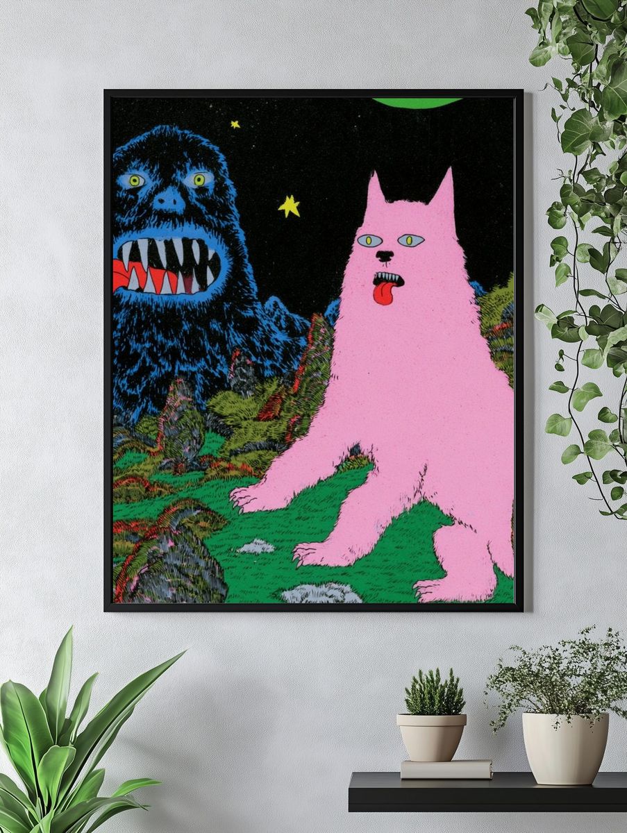Surreal Monster Cats Illustration Poster. — room view 4