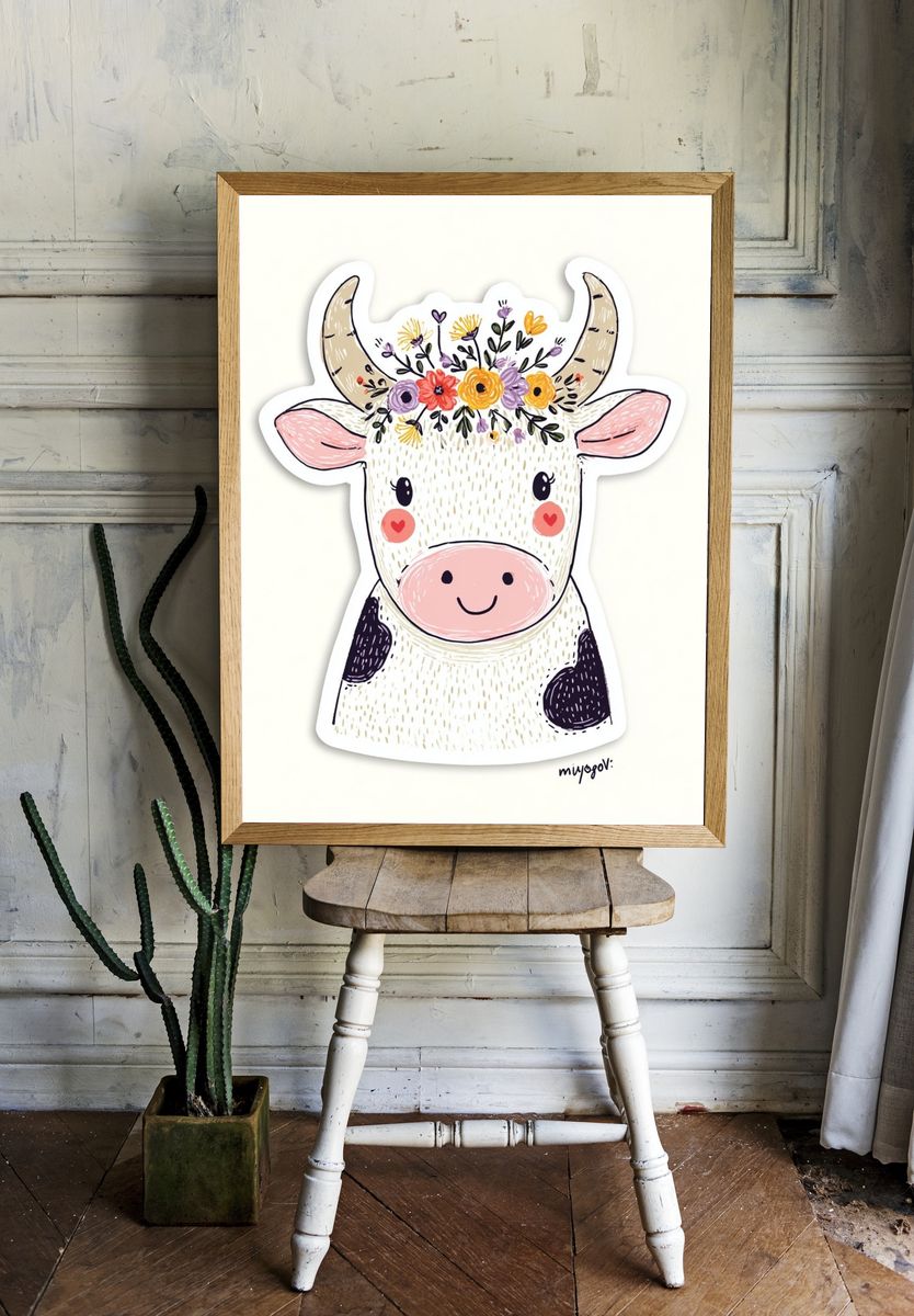 Floral Cow Illustration Poster. — room view 1