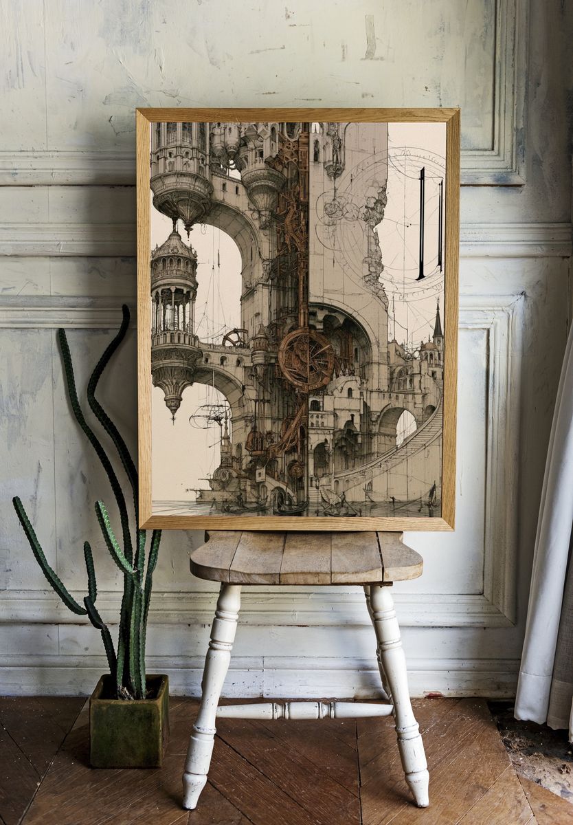Steampunk Cityscape Illustration Poster. — room view 1