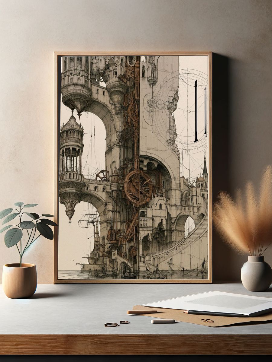 Steampunk Cityscape Illustration Poster. — room view 2