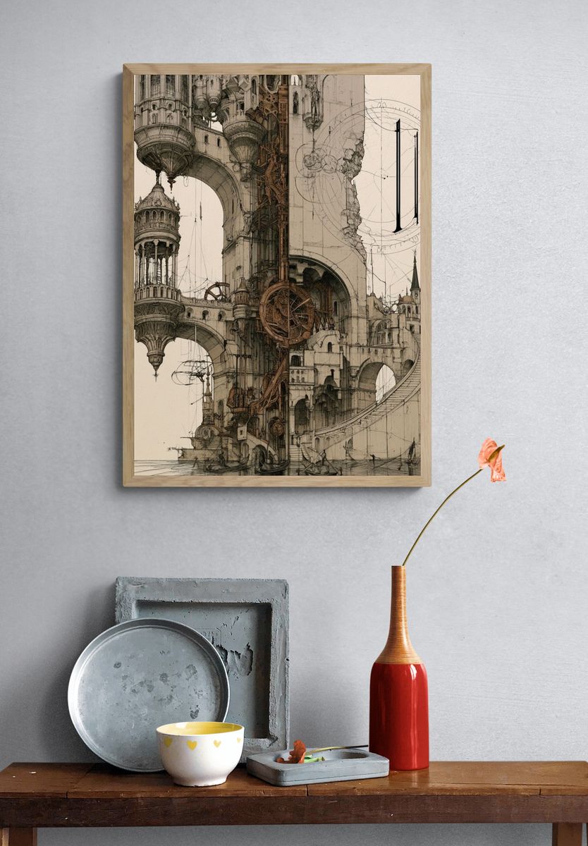 Steampunk Cityscape Illustration Poster. — room view 3