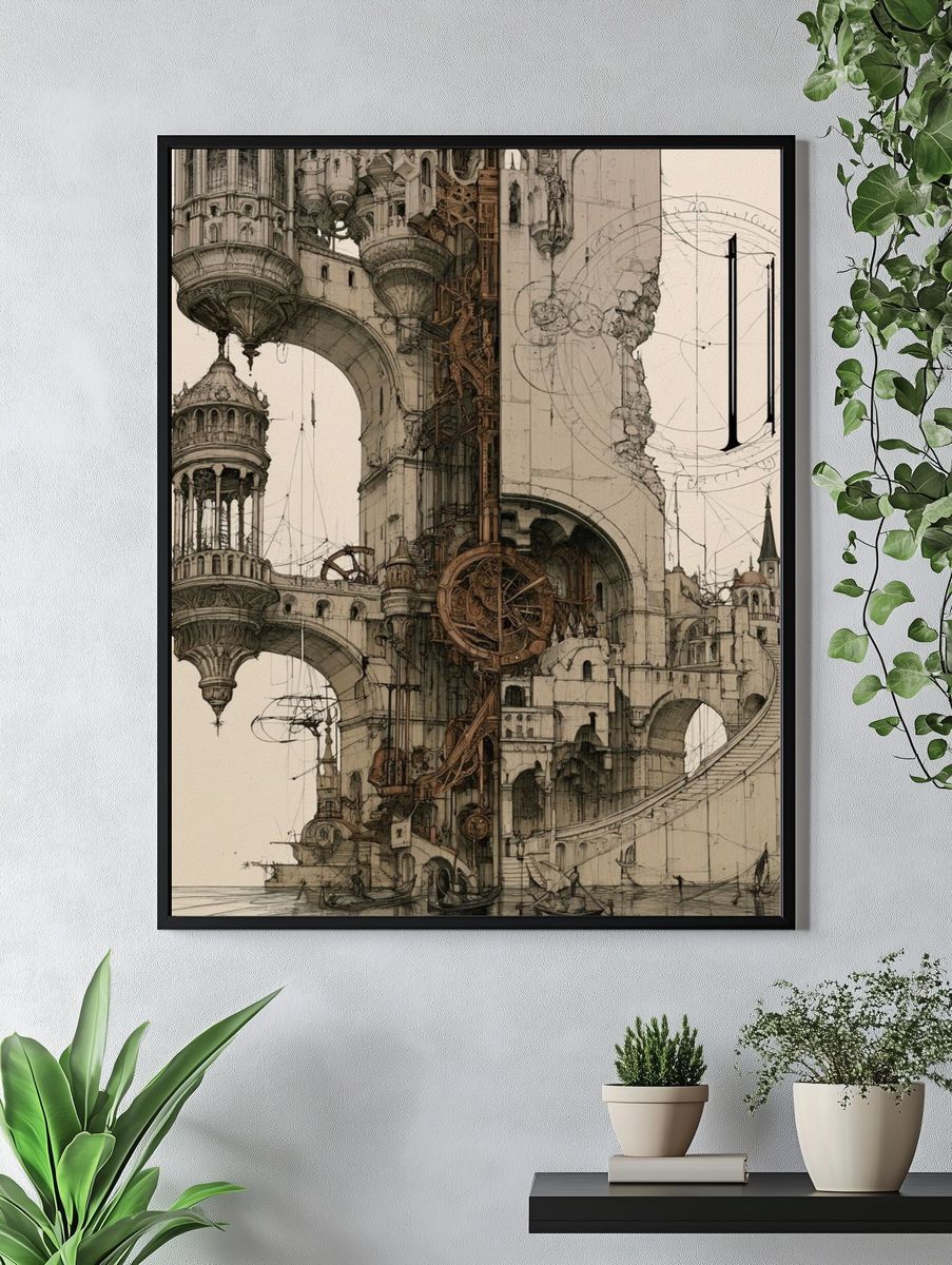 Steampunk Cityscape Illustration Poster. — room view 4