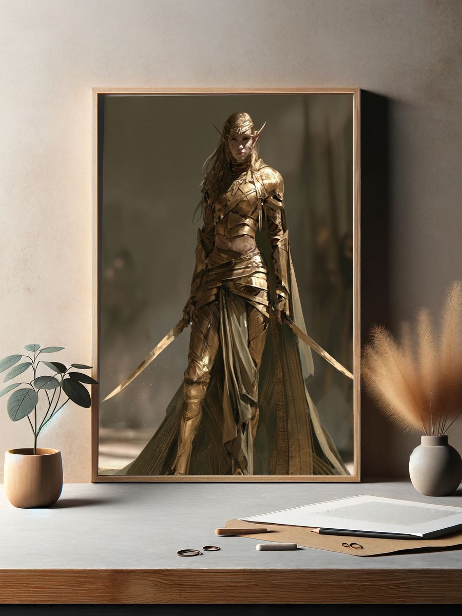 Golden Elf Warrior Fantasy Print. — room view 2