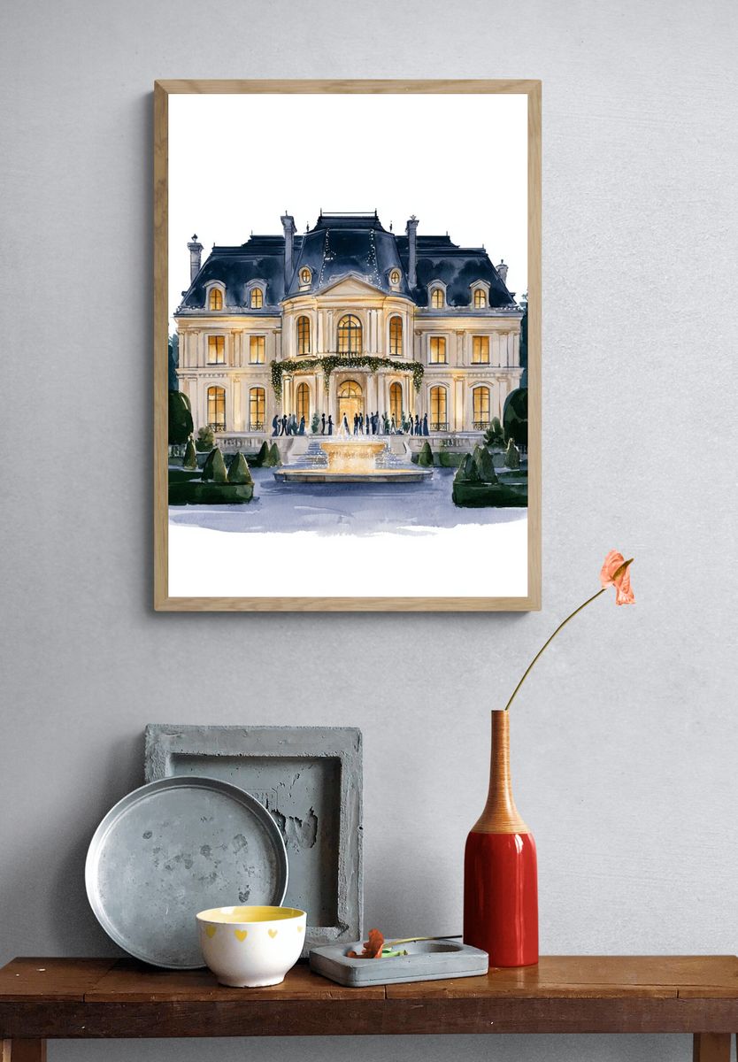 Grand Paris Mansion Watercolor Print. — room view 3